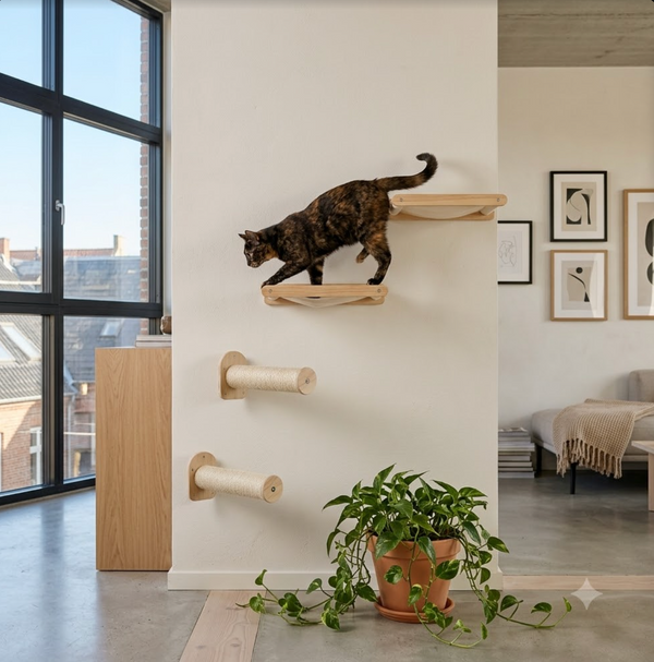 Cat Wall Shelves Set – Wall-Mounted Cat Climbing Furniture with Jumping Posts & Hammock, Space-Saving Cat Perch Steps for Indoor Cats | Pawsquare