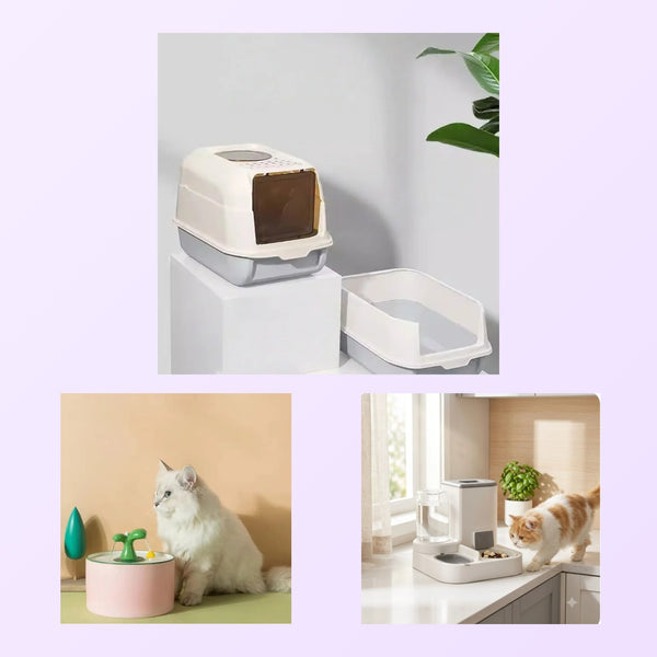 New Cat Essentials Kit: enclosed hooded litter box, ceramic water fountain and gravity auto feeder