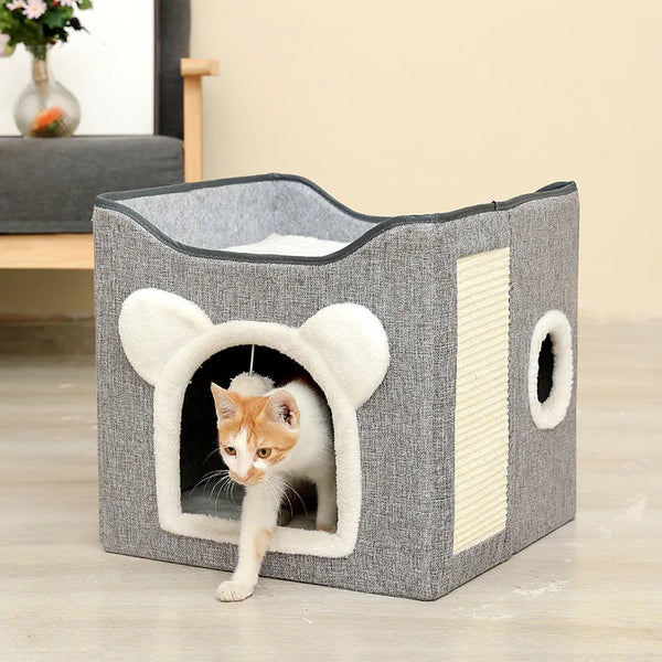 Cozy Cat Cave Bed – Corduroy Covered Cat House with Cushion, Warm Foldable Enclosed Kitten & Small Dog Bed for All Seasons | Pawsquare