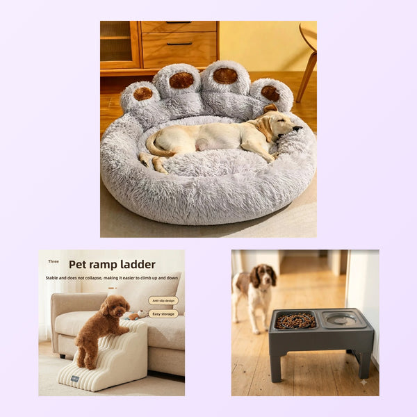 Senior Dog Comfort Set: orthopedic memory foam bed, memory foam pet stairs and elevated dog bowls with stand
