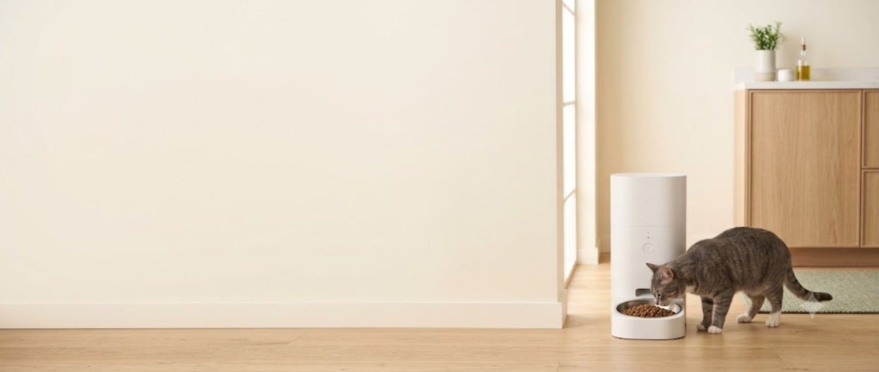 A tabby cat eating from a modern white automatic pet feeder in a bright kitchen