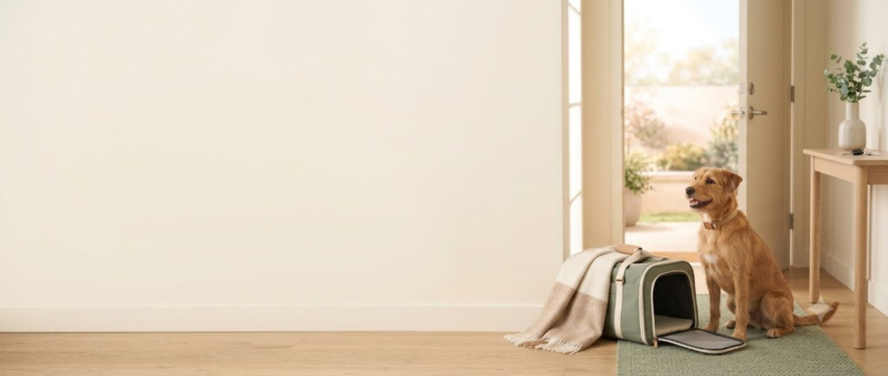A golden dog sitting beside a soft-sided travel carrier by a sunlit open front door
